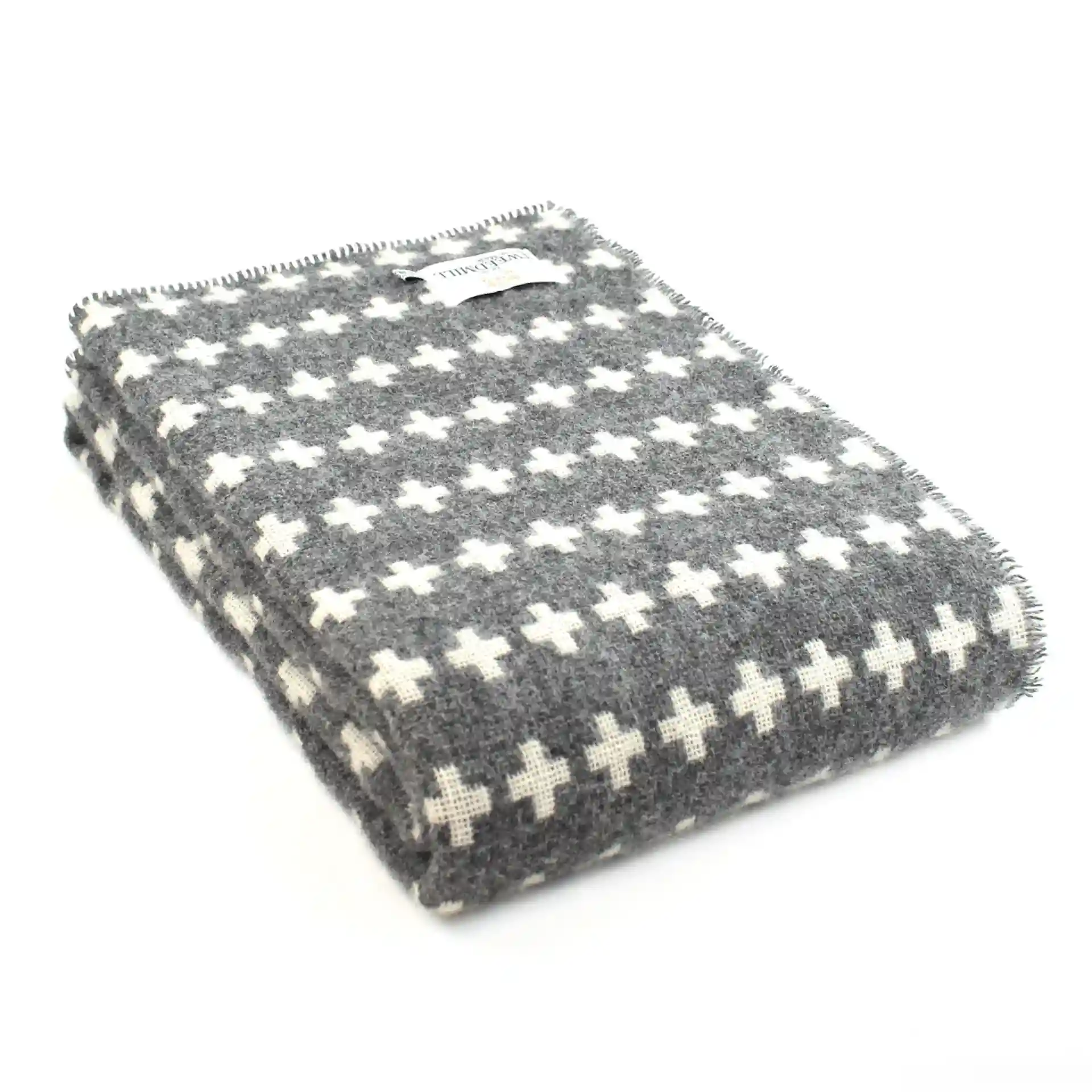 Deka z čisté vlny - Cross with a Blanket Stitch Edge/Charcoal & Cream